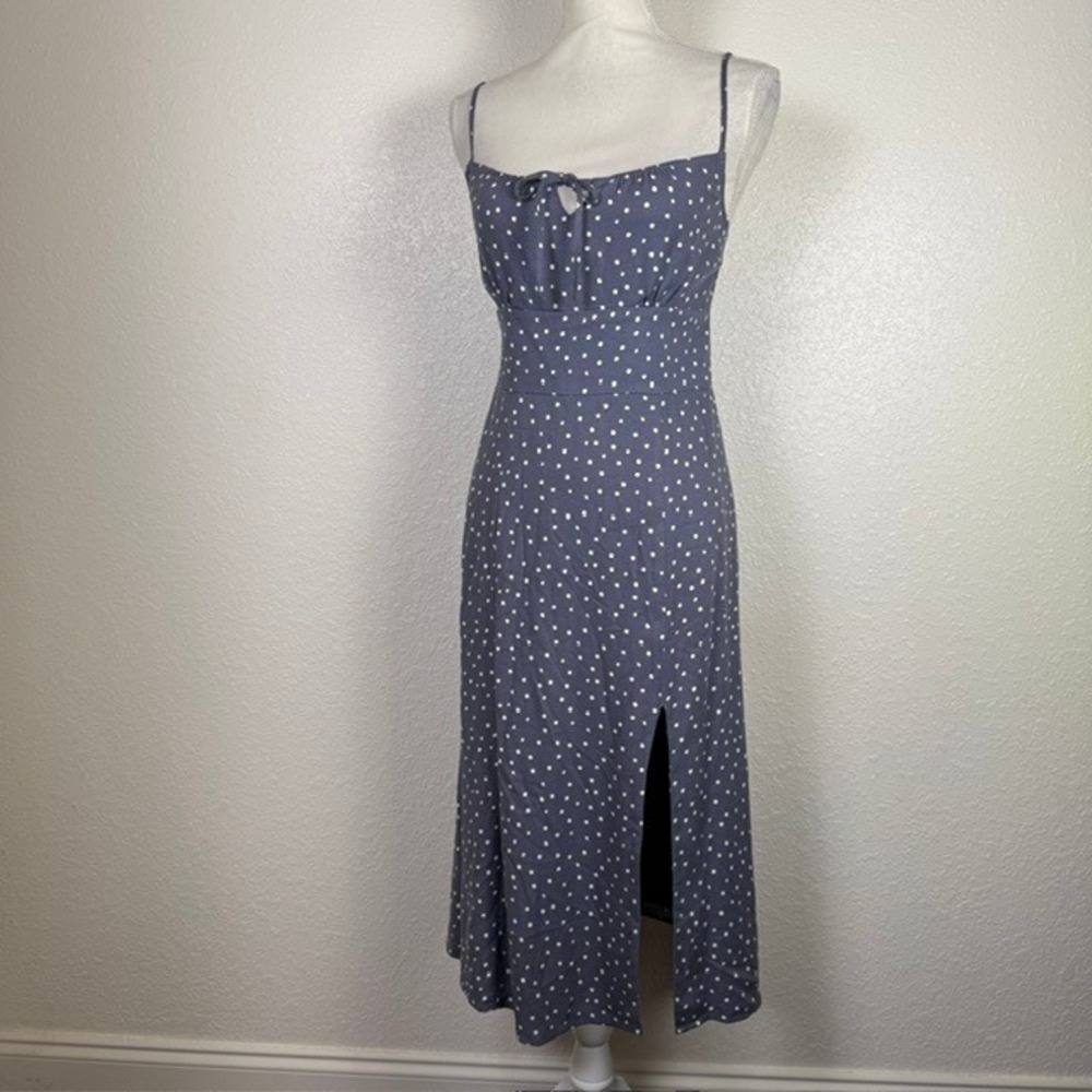 Abercrombie & Fitch Polka Dot Midi Dress (Side Slit Tie Front) Blue Small - Picture 2 of 11